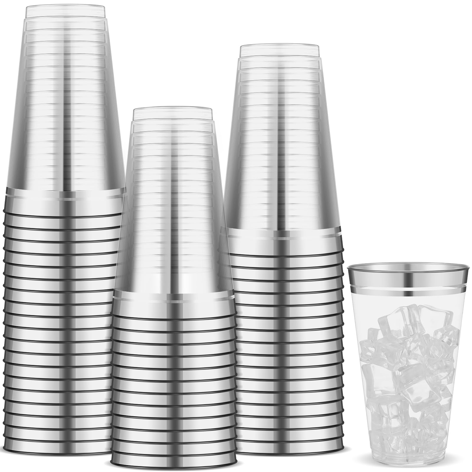 Sliner 50 Pcs Hard Plastic Cups Double Rimmed Plastic Cups Heavy Duty Fancy Wine Glasses for Holiday Christmas New Year Winter Birthday Party Supplies(16 Oz,Silver)