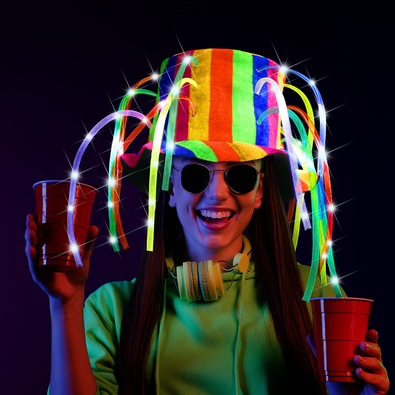 Wesiti 6 Pcs LED Funny Clown Crazy Hat Light up Jester Glow in Dark Crazy Hat Mardi Gras Noodle Hair for Adults Party Cosplay Costume Decor Supplies