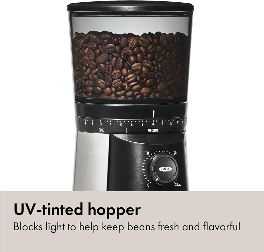 OXO Brew Conical Burr Coffee Grinder - One-Touch Automatic Grind, Silver Stainless Steel Design