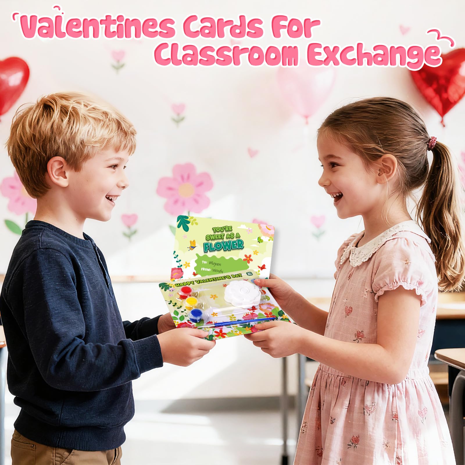 SpringFlower Valentine's Day Cards with Plaster Painting Kit for School Classroom Valentine's Gift Exchange, Valentine's Party Favor for Kids & Art and Craft Activity,24 Pack