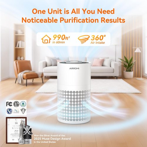AIRROMI Air Purifier - 3-in-1 HEPA Filter for Bedrooms | Covers Up to 990 Ft² - Quiet 360° Air Cleaner in White