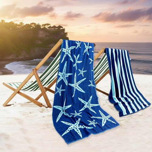 CASA COPENHAGEN Miami Bath Towel 2Pcs 100% Egyptian Cotton Gift Set- Star Fish Navy + Turquoise Stripe, 600GSM,35"x70",(Boxpack,Gift Ribbon, Set for Women & Men)