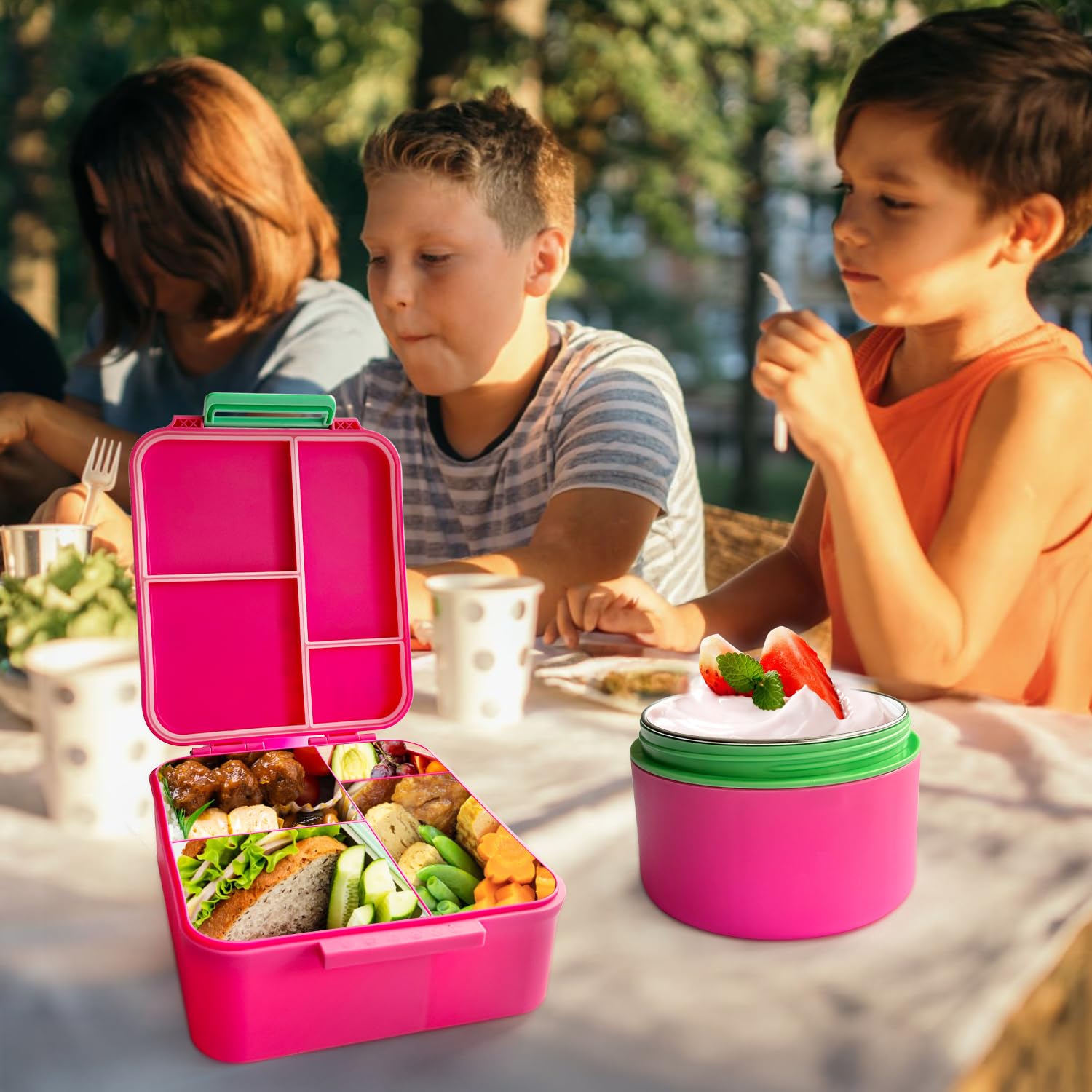Kidz Bento Lunch Box with Soup Thermo, 4 Compartments Lunch Box Containers Leak proof, Insulated Food Jar for Travel Picnic