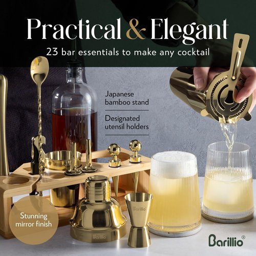 Barillio Gold Bartender Kit - Stainless-Steel Cocktail Shaker Set w/Bamboo Stand - Mixology Bar Tools w/Drink Shaker, Mixer Spoon and Muddler for Cocktails - Home Bar Accessories - 23-Pc Bar Set