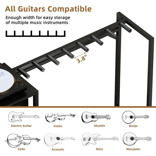 ZHNSYDN Record Player Stand with Guitar Stand, Record Player Table with Guitar Rack, Guitar Holder 7 Space for Multiple Guitars, Bass, Acoustic, Guitar Display for Home Music Studio, Black