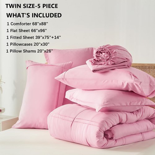 Yogeneg Pink Comforter Set Twin Size 5 Piece Bed in a Bag,Grid Pinch Pleat Twin Bedding Set,Striped Textured Soft Microfiber Comforter with Sheet Set,All Season Complete Bed Set(Pink,Twin)