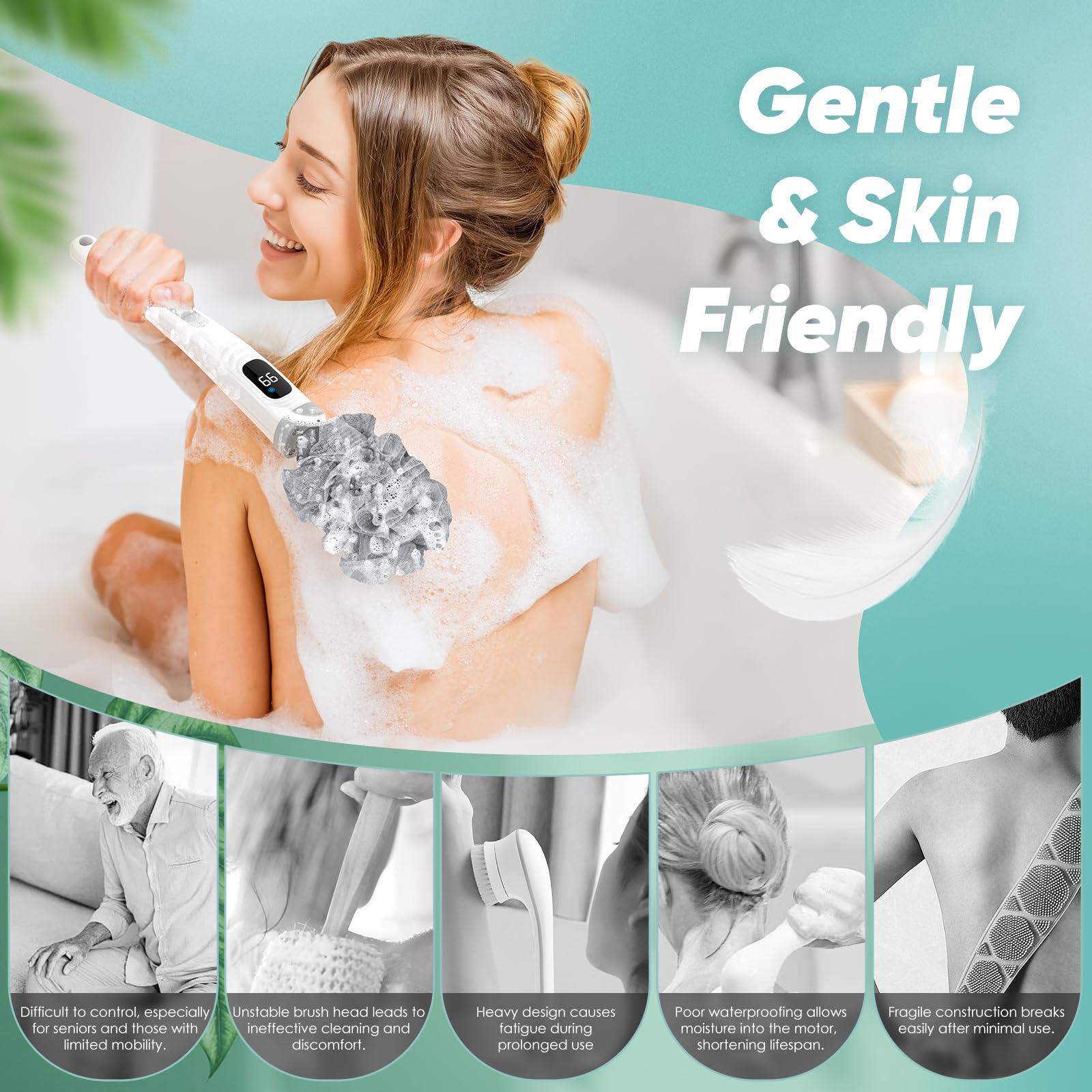 Electric Body Brush Back Scrubber for Shower, Waterproof Long Handle Power Body Scrubber with 3 Heads & 2 Speeds, Rechargeable Bath Brush for Cleansing, Exfoliating, Massaging and Foot Callus Remover