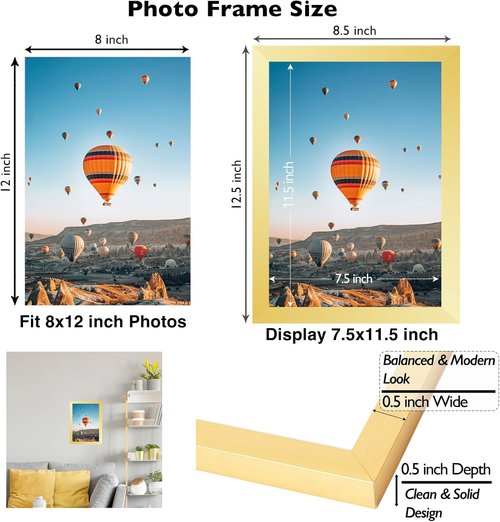 JCJMY Gold 8x12 Picture Frame - Versatile Wall & Tabletop Display with Shatter-Resistant Plexiglass