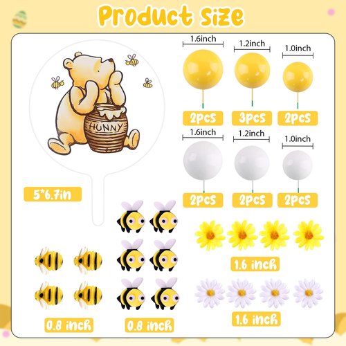 MEMOVAN Winnie Bear Cake Topper Winnie Baby Shower Cake Decorations Pooh Bear Toppers Yellow White Balls Cupcake Picks with Classic Pooh Bees Daisys Flowers for Oh Baby Bee Theme Shower Birthday Party