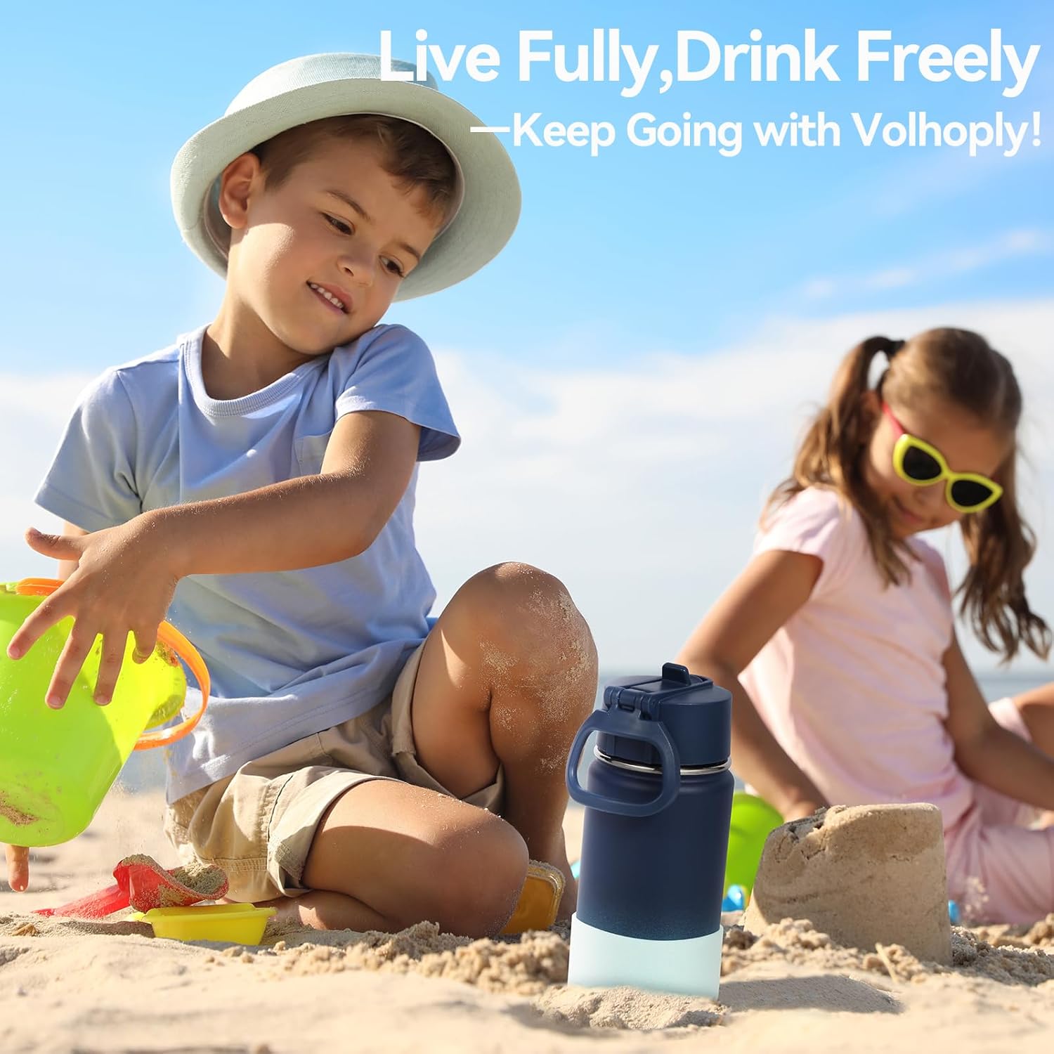 Volhoply 14oz Kids Stainless Steel Insulated Water Bottle - Leakproof Straw Lid & Silicone Boot | BPA-Free, Blue Green