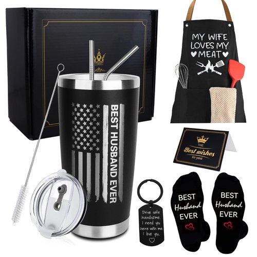 CAKKA Gifts for Husband, 8PCS Husband Birthday Gift Set Includes Tumbler Straw Apron Socks Key Chain, Best Ever Husband Christmas Gifts from Wife for Valentines Day Anniversary Birthday Christmas