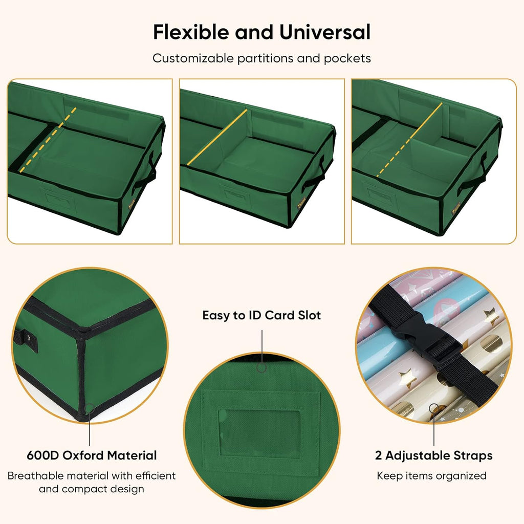 BALEINE Gift Wrap Storage Organizer - 40" Durable 600D Oxford Fabric Bag with Flexible Partitions | Green