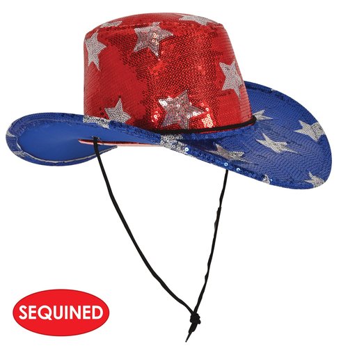Beistle Fabric Sequined Patriotic Cowboy Hat, Chin Strap for 4th of July Party, Labor Day Celebration, Red White and Blue for USA Events