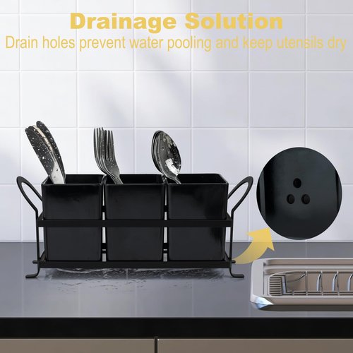 ECOIOU Cutlery Holder with Drain Holes, Dishwasher Safe Silverware Caddy for Party, Kitchen Counter, 3pcs Bins Set Countertop Utensil Holder for Spoons, Forks and Knives, Black