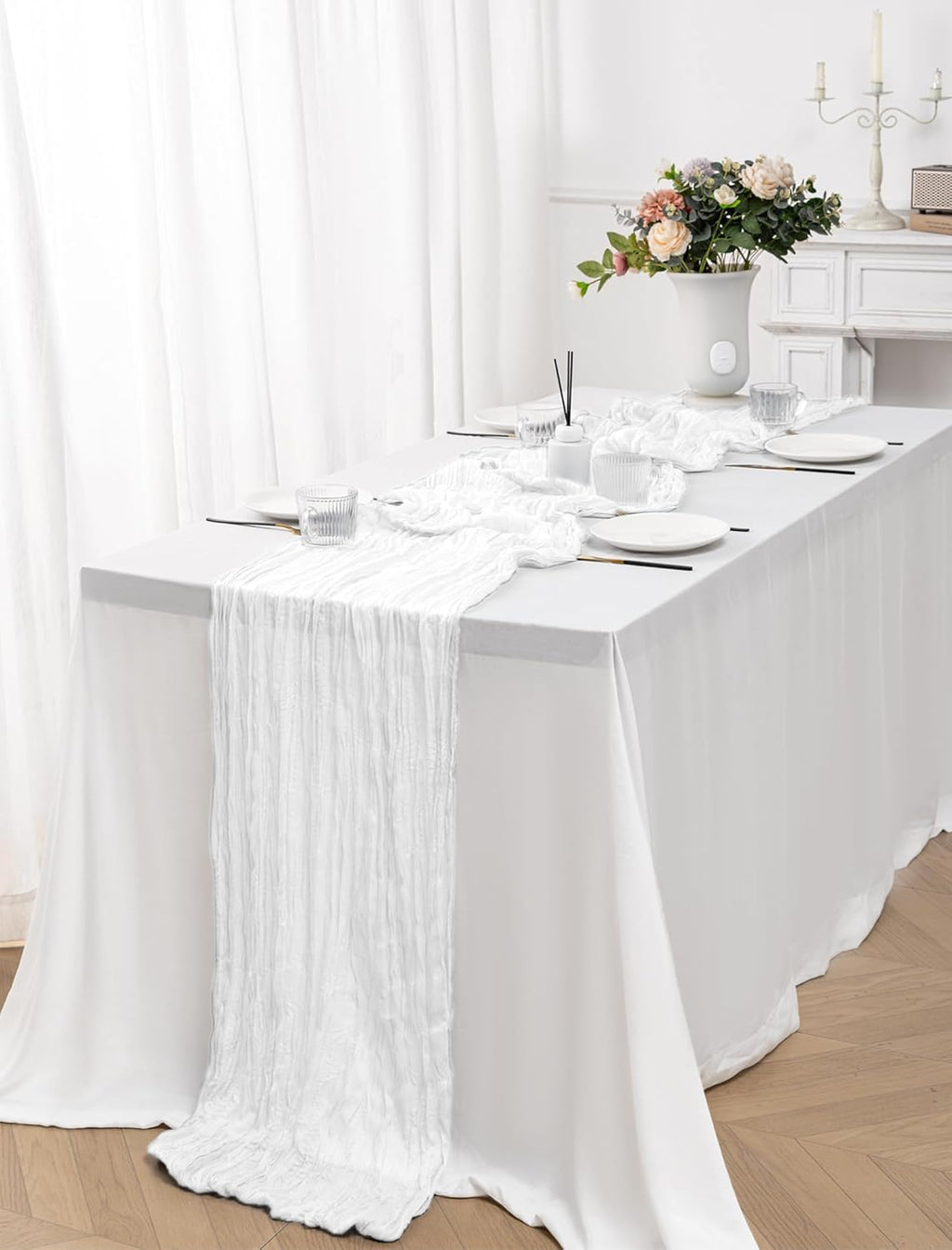 Skiennix 12 Pack White Spring Easter Table Runners - 10FT Boho Gauze Cheesecloth | 21 x 120 Inch for Weddings & Parties