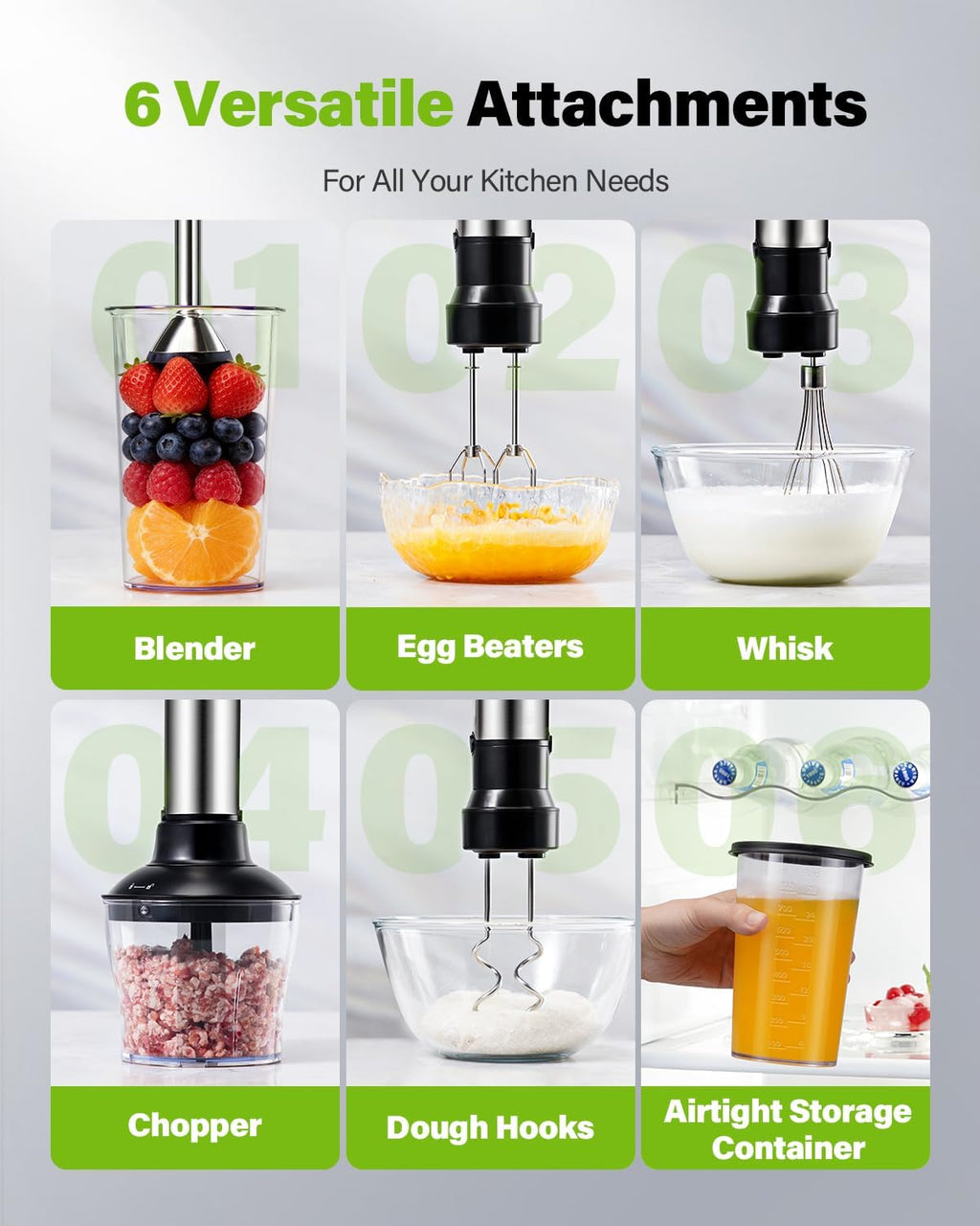 Skiennix 6-in-1 Immersion Blender - 1000W Hand Blender with 20 Speeds & Versatile Attachments - Black
