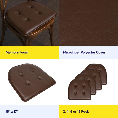 Sweet Home Collection Chair Cushion Memory Foam Pads Tufted Slip Non Skid Rubber Back U-Shaped 17" x 16" Seat Cover, Faux Leather Chocolate Brown 2 Count (Pack of 2)