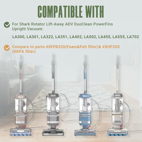 LA555 LA402 Filter Replacement Parts for Shark LA300, LA301, LA322, LA351, LA502, LA455, LA702 Rotator Lift-Away ADV DuoClean PowerFins Upright Vacuum, XHF320 and XFFK320, 2 HEPA+4 Foam&Felt Filters