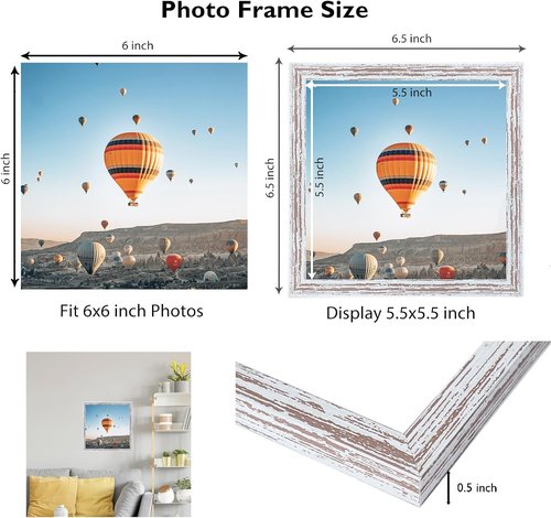 JCJMY 6x6 Picture Frame - Rustic White Wall Mount or Tabletop Display | Shatter Resistant Plexiglass