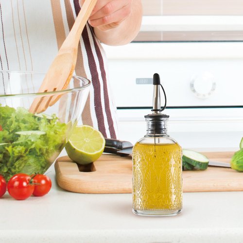 Wongblee Retro Glass Syrup Dispenser Bottle 7oz, Oil and Vinegar Cruet with Stainless Steel Pour Spout, Labels, Funnel & Stopper(Leaf)