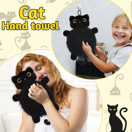 JEROKUMI Cat Hand Towel - Kitchen Towels with Hanging Loops Super Absorbent Chenille Hand Face Bath Towel, Funny Towel Kitchen & Bathroom Decor, Perfect Cat Gift for Women (8x18 Inch)