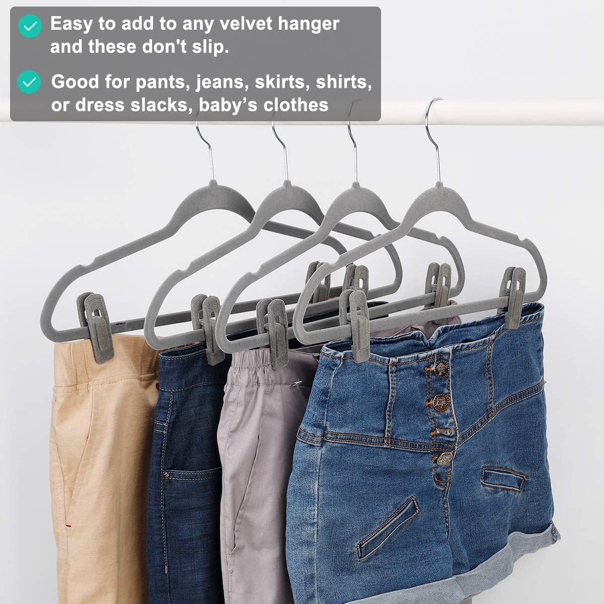 TOFIIGREM Grey Velvet Clips - 20 PCS Non-Slip Clips for Slim Velvet Hangers | Perfect for Pants and Clothes