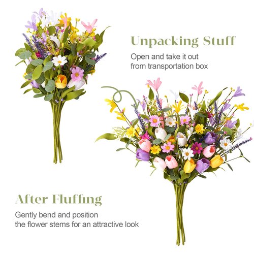 Worthyeah 12 Pack Spring Decorations for Home, 4 Colors Flowers Artificial for Decor, 17 Inch Flores Artificiales para Decoracion with Tulips, Daisy and Forsythia for Spring Summer Decor
