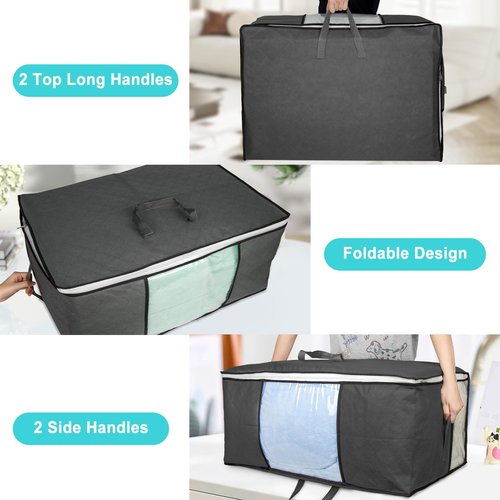 6Pack 105L Extra Large Blanket Comforter Storage Bags, Foldable Storage Bags for King Comforter Bedding Pillow Sheet Clothes with Handles Zippers Clear Window Closet Organizers and Storages, Black