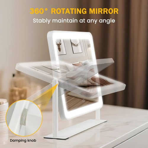 Bearolve Vanity Mirror with Lights, 14"×12" LED Makeup Mirror, HD Professional Mirror, Smart Touch with 3-Color Lighting, Dimmable, 360° Rotation, Lighted Up for Makeup Desk, Bedroom (White)