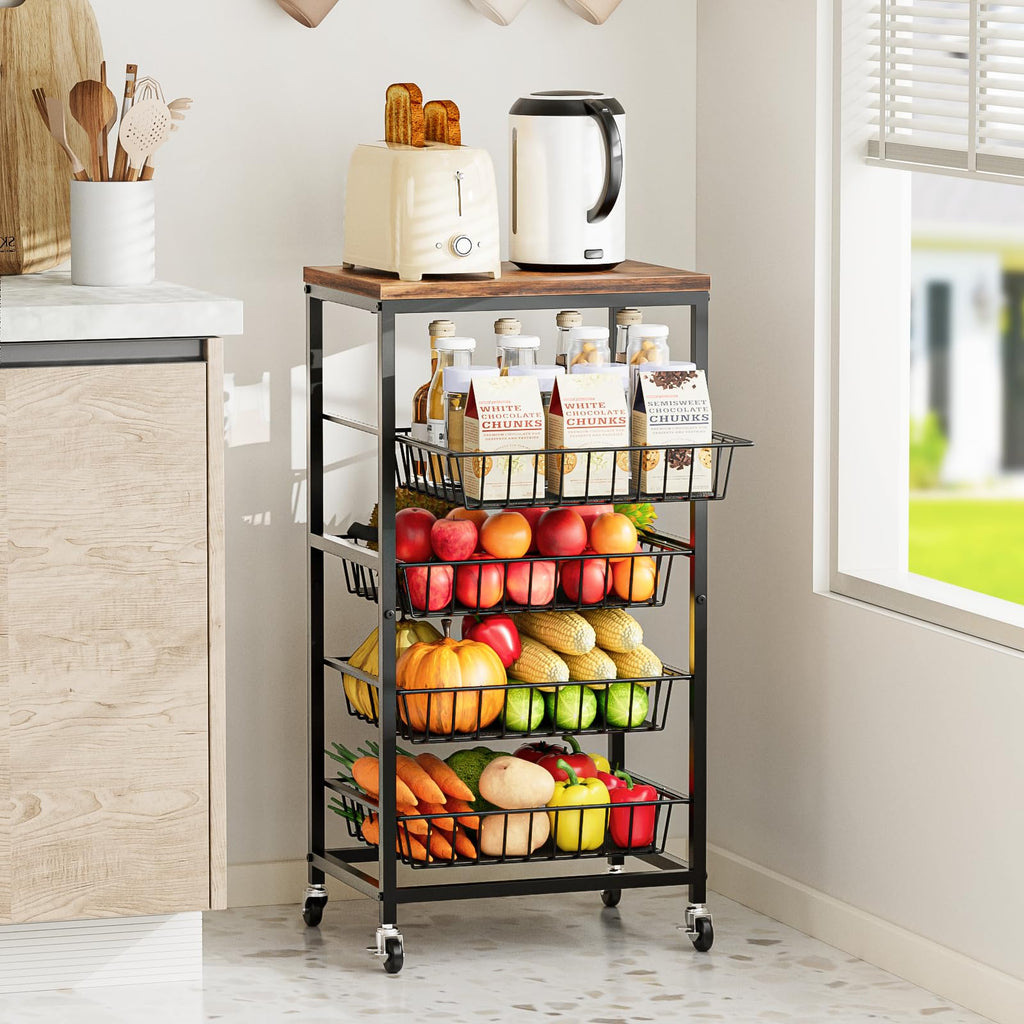 Venkuber Fruit Vegetable Cart, 4-Tier Snack & Kitchen Cart on Wheels with Storage, Pull-Out Baskets & Wood Top, Rolling Organizer for Pantry, Living Room (Brown)