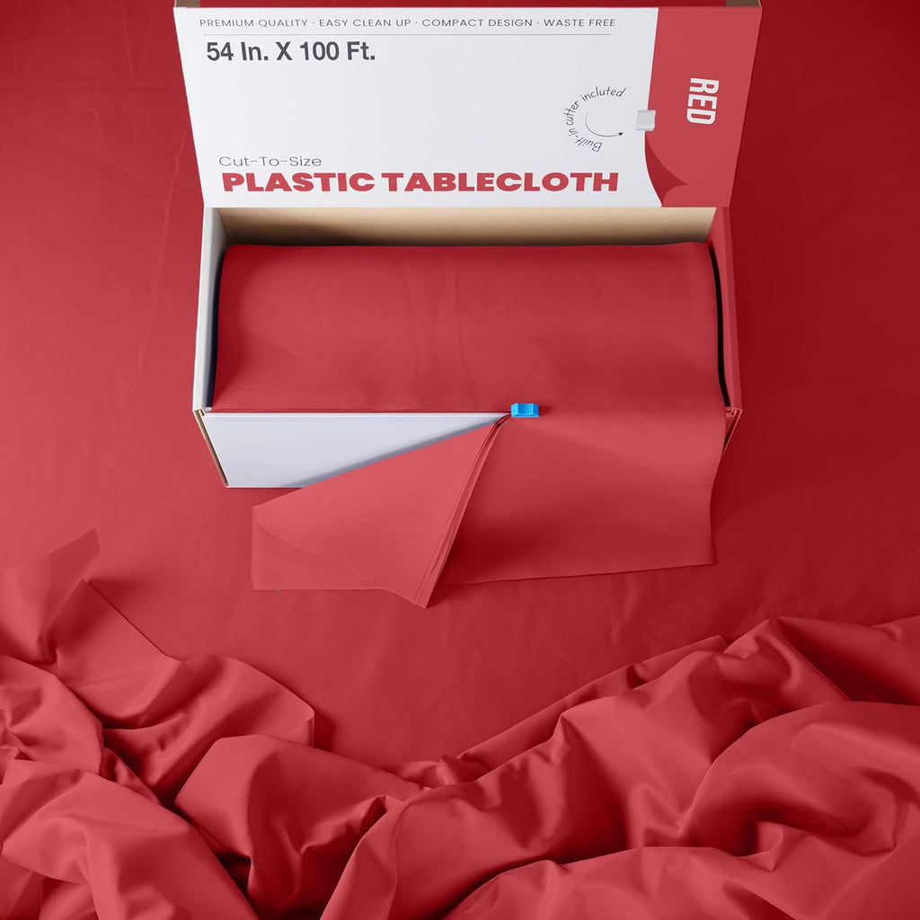 Party Solids Red Plastic Table Cover Roll - 54 Inch X 100 Feet with Convenient Slide Cutter