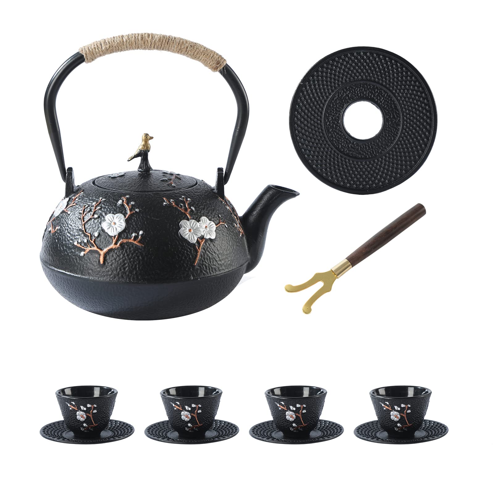 SECHUDO Tea Set Tea Kettle Japanese Style Beautiful Black Cast Iron Teapot Set with 4 Cups,4 Cup Mats,1 Trivet and 1 Lid Holder,40.6oz Teapot with Infuser for Stove Top Safe