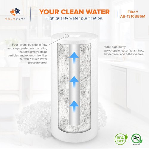 Aquaboon 5 Micron 10 x 4.5 Well Water Sediment Filter Replacement Whole House Water Filter Cartridge Compatible with DGD-5005, WFHD13001B, 6-Pack