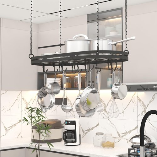 33” Hanging Pot Rack Ceiling Mount, Black Metal Pan Rack Hanging with 15 Hooks, Oval Pots and Pans Hanging Rack, Ceiling Hanging Pot Racks with Grid, Pan and Pot hangers for Kitchen Cookware Utensils