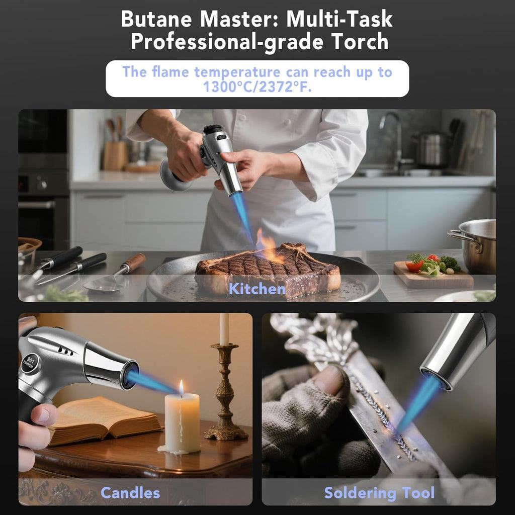 Sondiko Butane Torch Lighter - Refillable Creme Brulee Torch with Adjustable Flame & Safety Lock