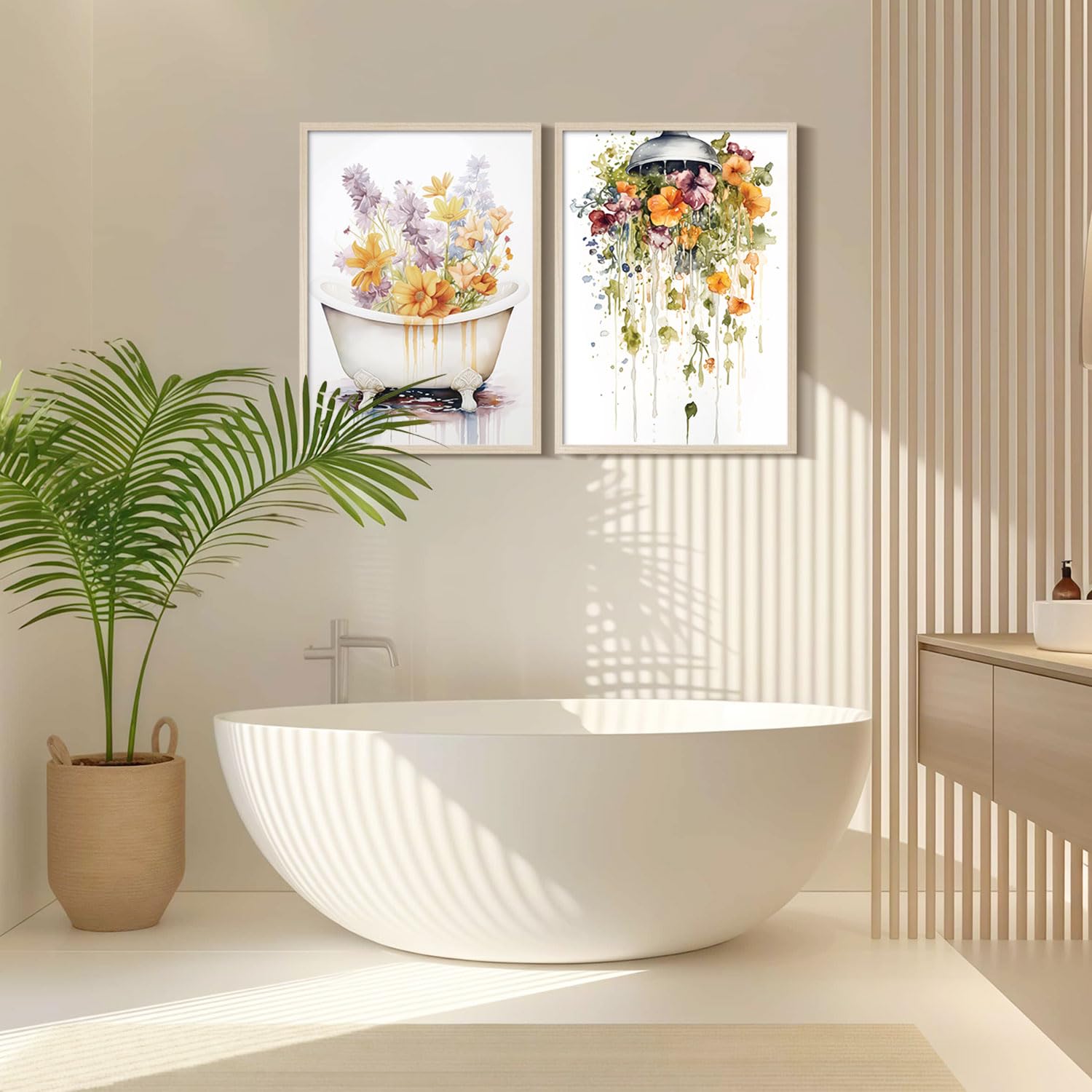 2Pcs Framed Bathtub and Shower Flower Canvas Wall Art Modern Gallery Prints Bathroom Wall Decor Pictures Floral Poster Artwork Living Room Bathroom Apartment 16X24 Inch Ready to Hang