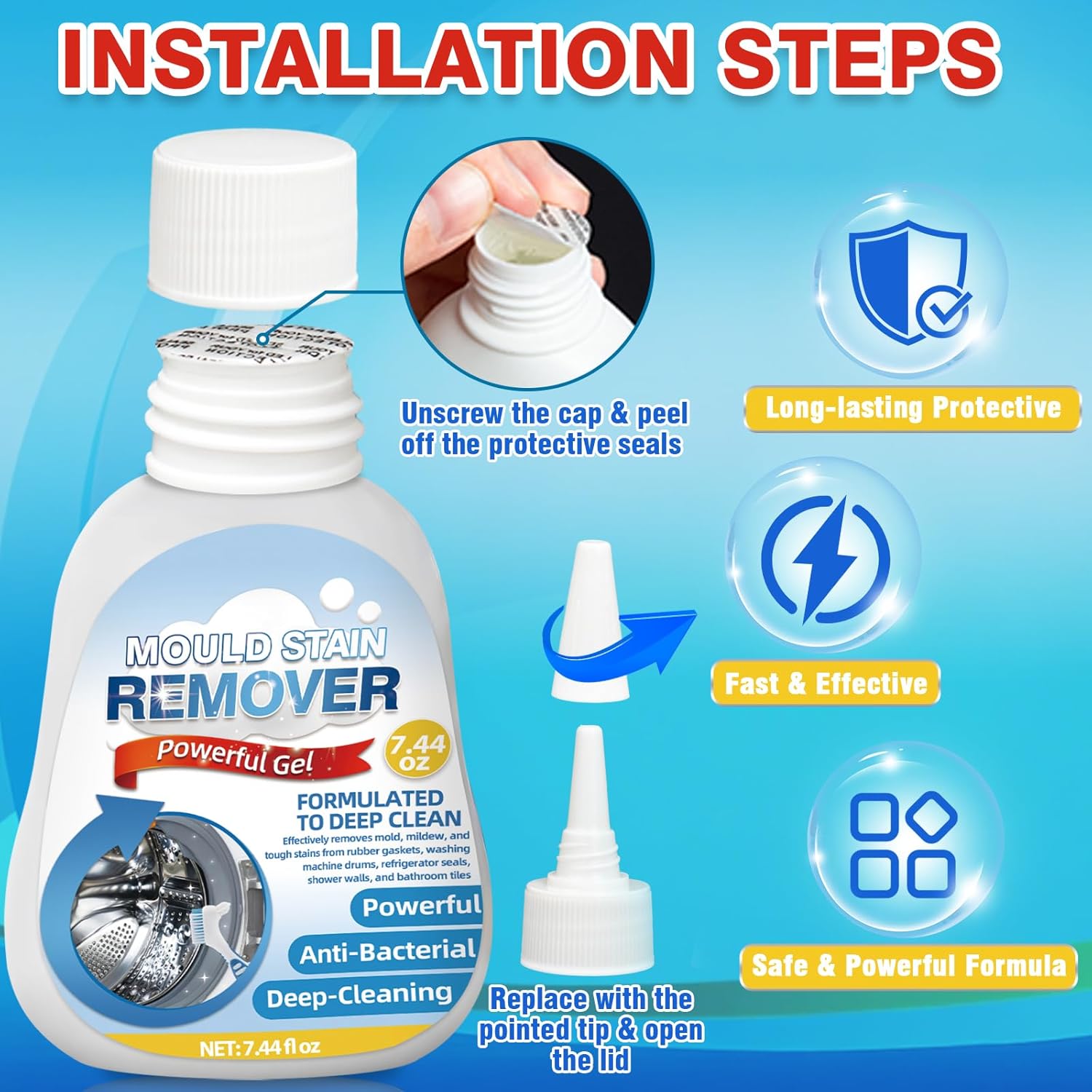 Skiennix Mold Remover Gel - Powerful Washing Machine & Bathroom Cleaner for Gaskets, Grout, Tile | All-Purpose Stain Remover