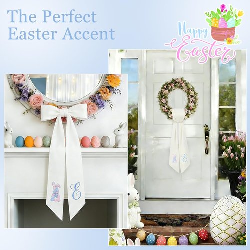 Elegant Easter Wreath Sash - 59" Long Embroidered Bunny/Cross/Egg Design for Boxwood & Magnolia Wreaths | Heavy Drape, Wrinkle-Resistant & Washable Spring Ribbon Decor