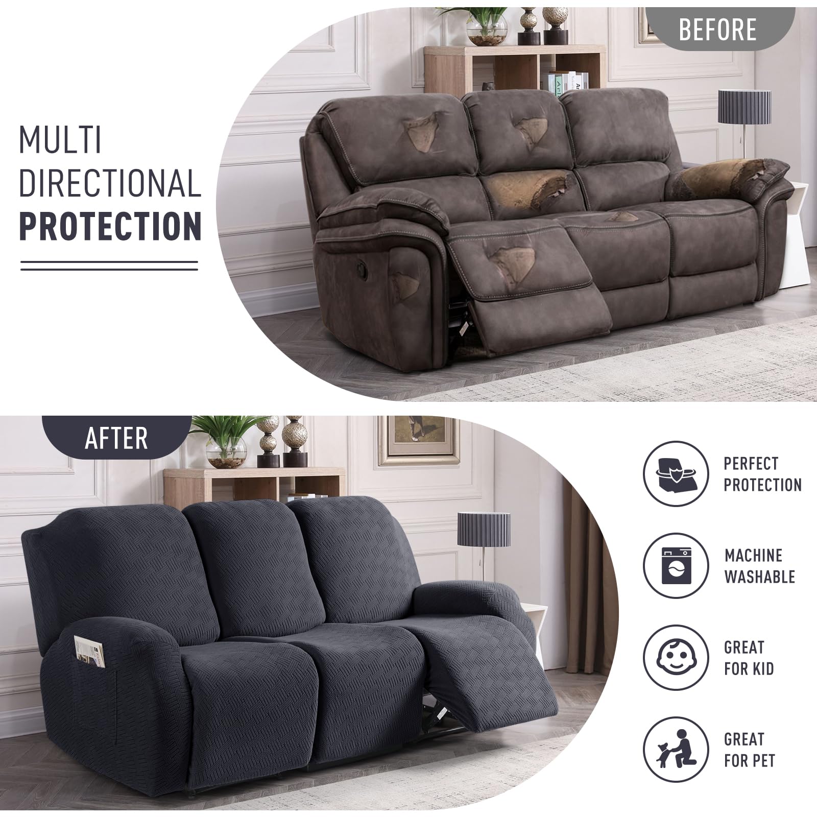 KinCam Recliner Covers, Stretch Reclining Chair Covers, Recliner Sofa Slipcovers Stripe Jacquard Recliner Couch Covers Furniture Protector Covers for Pet Kid (3 Seater, Charcoal Gray)