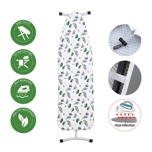 Yizunnu Ironing Board Cover and Pad,19x55 inch Extra Large and Thick Padding,Stain Resistant Heat Resistant Cotton Padding,Elastic Edge and Hook and Loop Adjustable Fastener(Leaf)