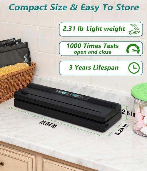 KVSK Vacuum Sealer Machine Automatic Black 6615H Food Preservation Storage, One-Click Dry&Moist Vac Seal Mode, 60kPa Suction, 11"x9.8' Black Sealer Roll, Liquid Block Cotton Pads, Removable Drip Tray