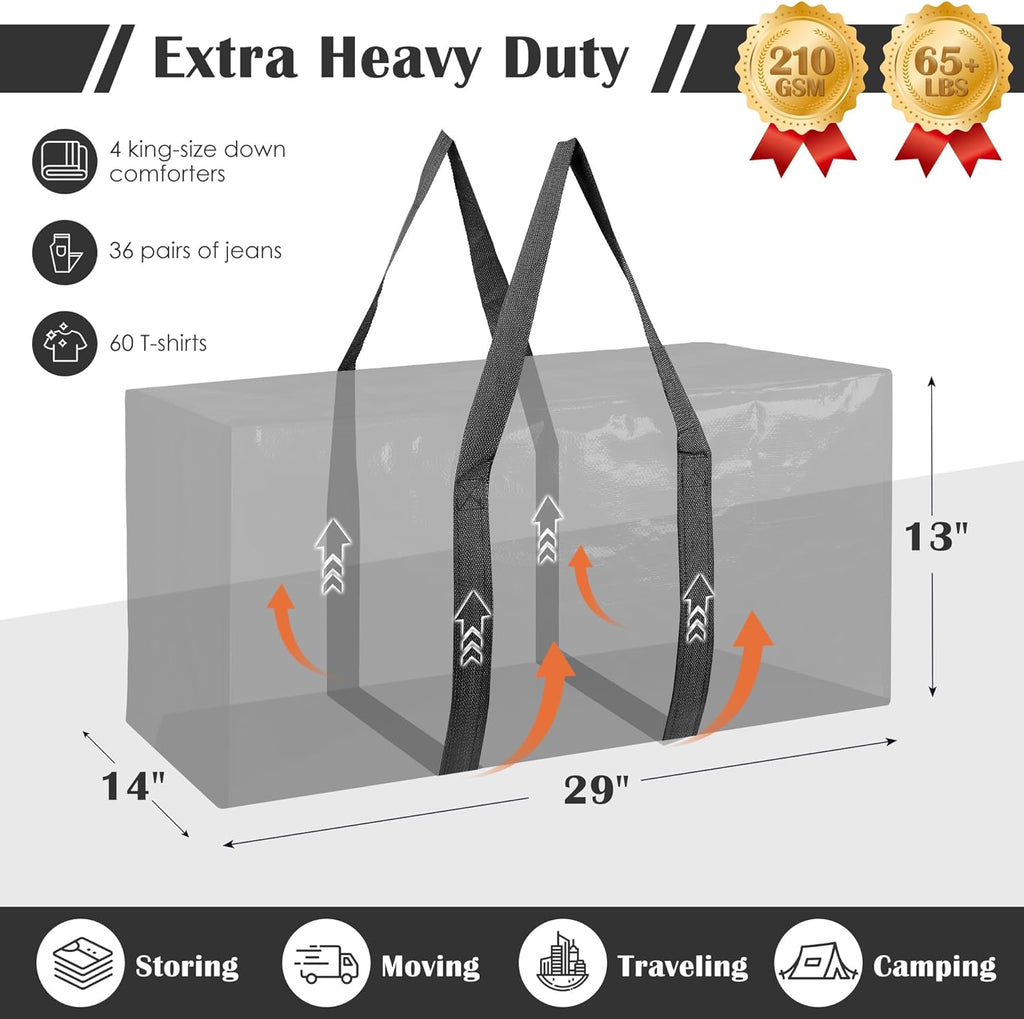 Skiennix 6 Pack Moving Bags - Extra Large 93L Heavy Duty Waterproof Storage Totes | Black for Home Organization & College Dorms