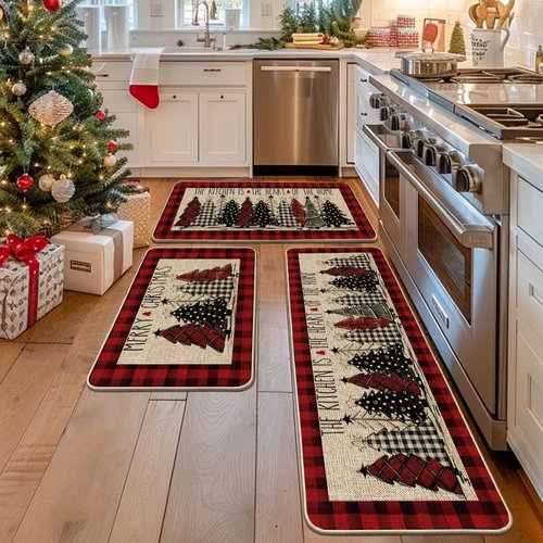 Artoid Mode Red Xmas Trees Buffalo Plaid Merry Christmas Kitchen Mats Set of 3, Winter Decor Low-Profile Kitchen Rugs for Floor - 24"x35"+24"x59"+24"x72"