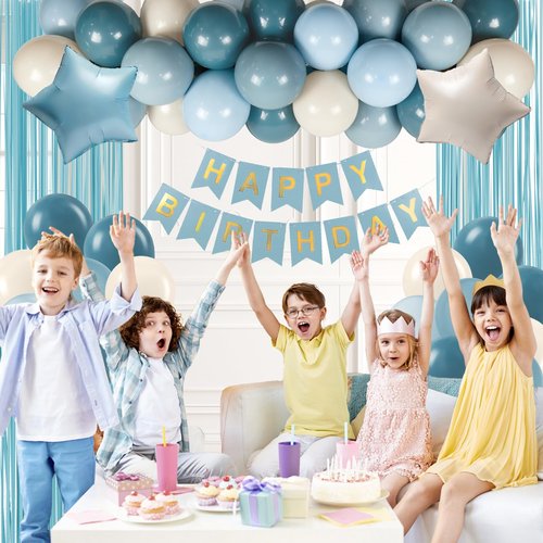 Blue Birthday Decorations for Men with Sand White Light Slate Dusty Blue Balloons Happy Birthday Banner Light Blue Fringe Curtains for Birthday Party Decorations