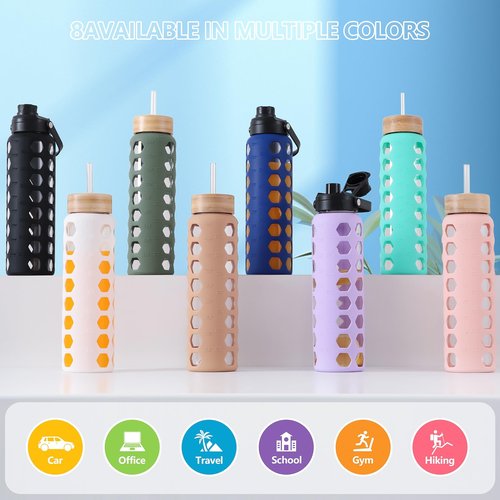 MUKOKO Glass Water Bottles, 32oz Glass Tumbler with Straw, Drinking Bottles with 2 Lids-Handle Spout Lid&Bamboo Straw Lid, Motivational Water Bottle with Time Marker and Silicone Sleeve, 1 Pack-Black