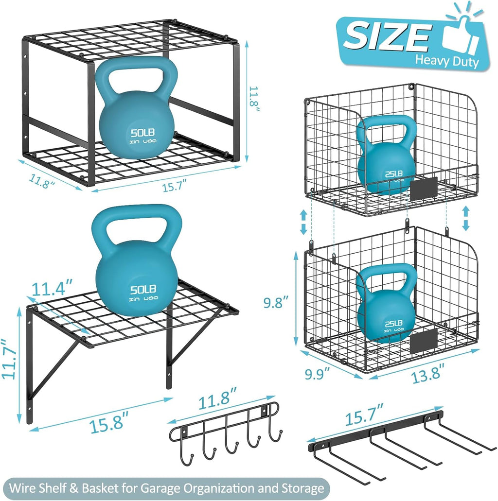 ThreeHio Garage Shelf - Heavy Duty Wall Mounted Storage with Wire Baskets & Tool Rack | Ideal for Home & Garden Organization