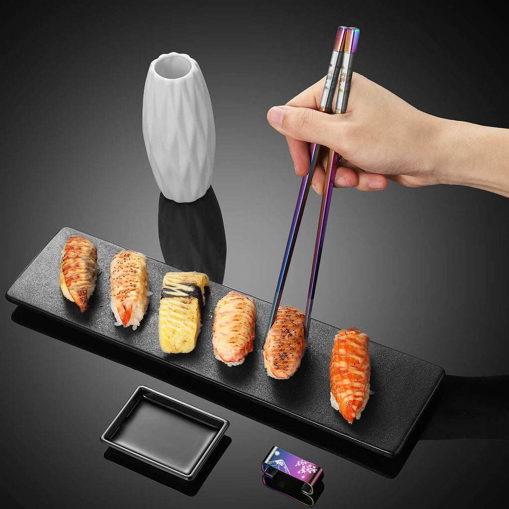 TIICOO Metal Chopsticks Reusable 2 Pairs Titanium Plated 18/8 Stainless Steel Chopsticks with Holder, Dishwasher Safe Non-Slip Japanese Style Laser Engraved Chop Sticks Gift Set (Rainbow)