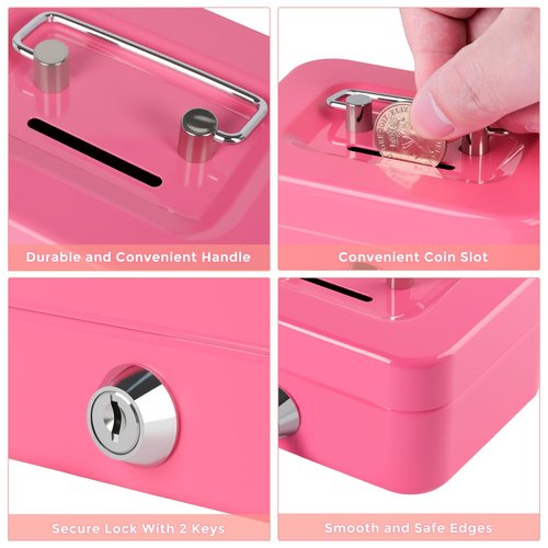 Cash Box with Lock Small Cute Coin Lock Box with Money Slot Mini Portable Gamblers Safe Box 4.5"x3.4"x2.4" Pink