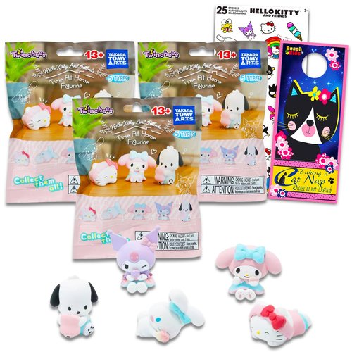 Hello Kitty Time at Home Figures Blind Bags Set - 3 Pack Sanrio Time at Home Mystery Bags Bundle with Mini Figures Featuring Pochacco, My Melody, Kuromi, More Plus Stickers | Hello Kitty Party Favors
