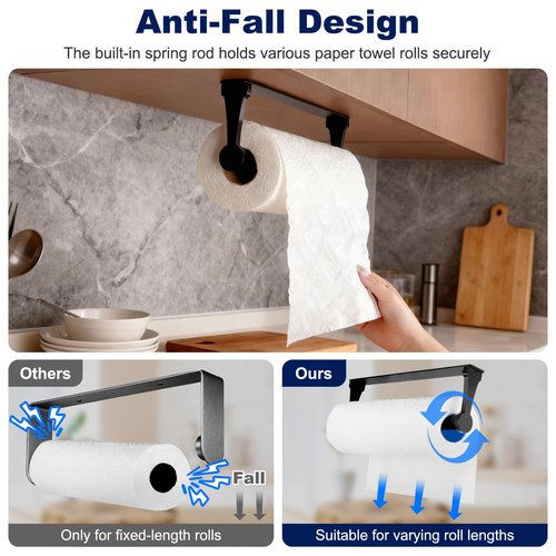 Black Paper Towel Holder Under Cabinet, Adhesive Paper Towel Holder Wall Mount Toilet Roll Holders Rack for Kitchen Bathroom Garage Counter, Anti-Drop Upgraded Telescopic Rod Design Roll